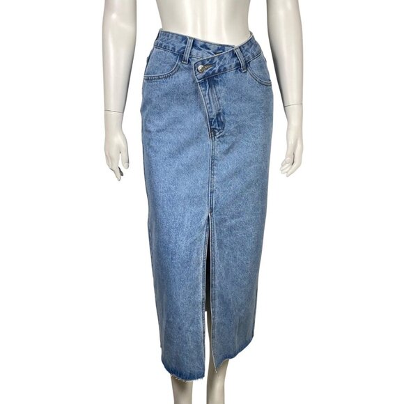 Unbranded Dresses & Skirts - Denim Midi Skirt Womens Size S Asymmetrical Zipper Front Slit Light Wash